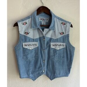 Vintage Y2K 90s Capacity Denim Cropped Vest Top L Cottagecore Embroidered Grunge